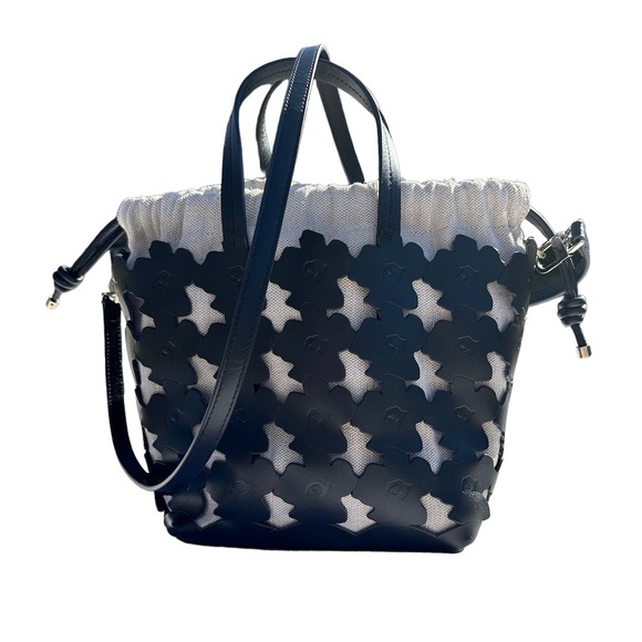 NWT Ted Baker Black Florean Flower Laster Cut Detail Leather & Canvas Tote - Picture 3 of 6